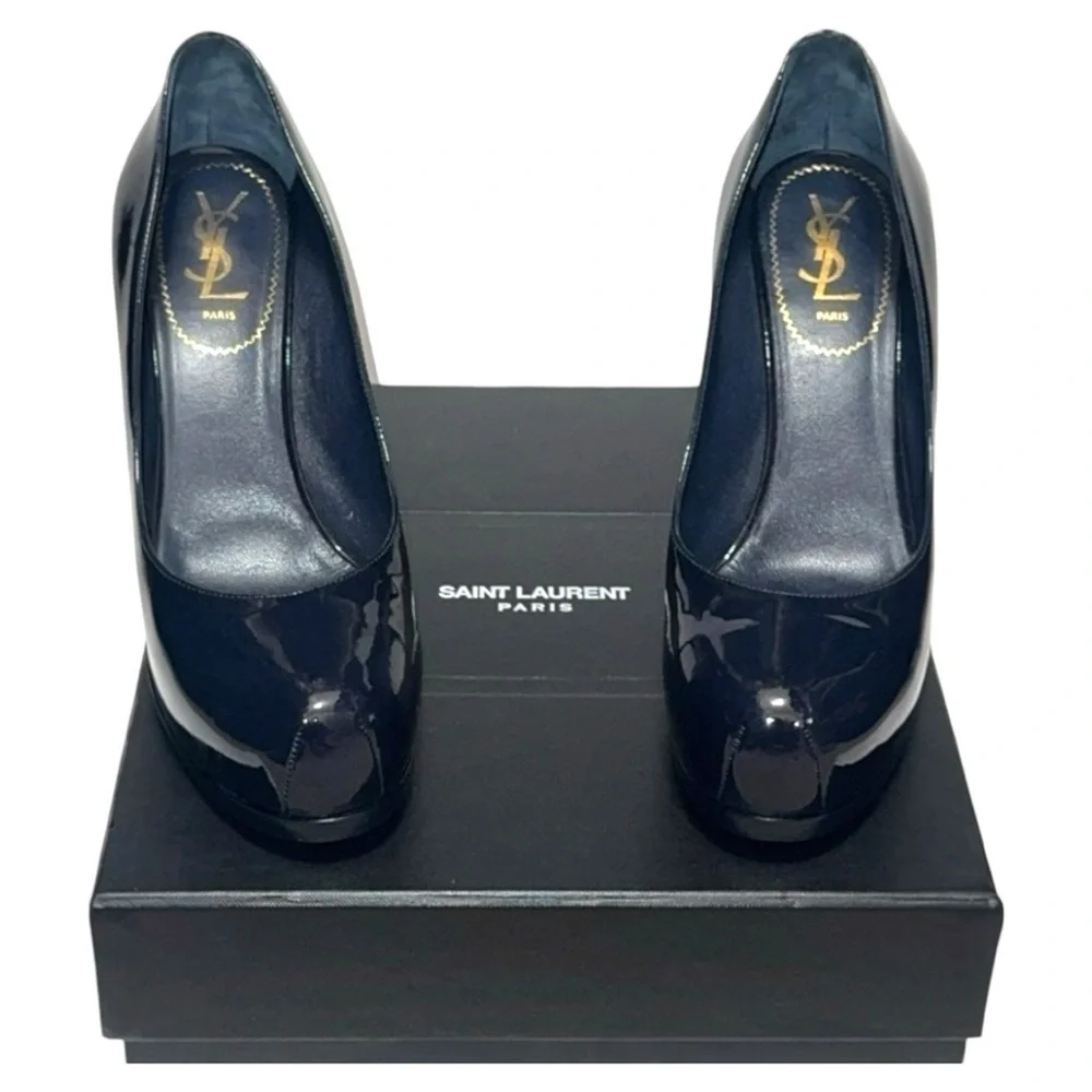 SAINT LAURENT Tribtoo 80 Patent Navy Blue Leather Heel Round Toe Pumps Size 40 - Picture 2 of 16